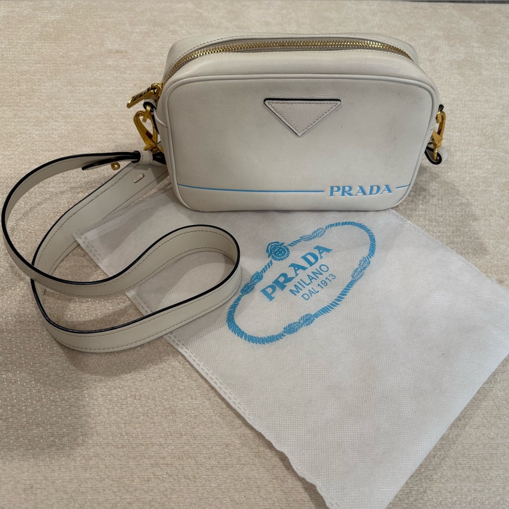 Authentic Prada White Leather Logo Stripe Crossbody Blue  Detail W/ Dust bag